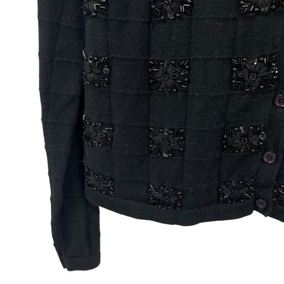 Vintage Babette Ballinger Button Up Floral Embellished Cardigan Black Medium - Picture 2 of 5